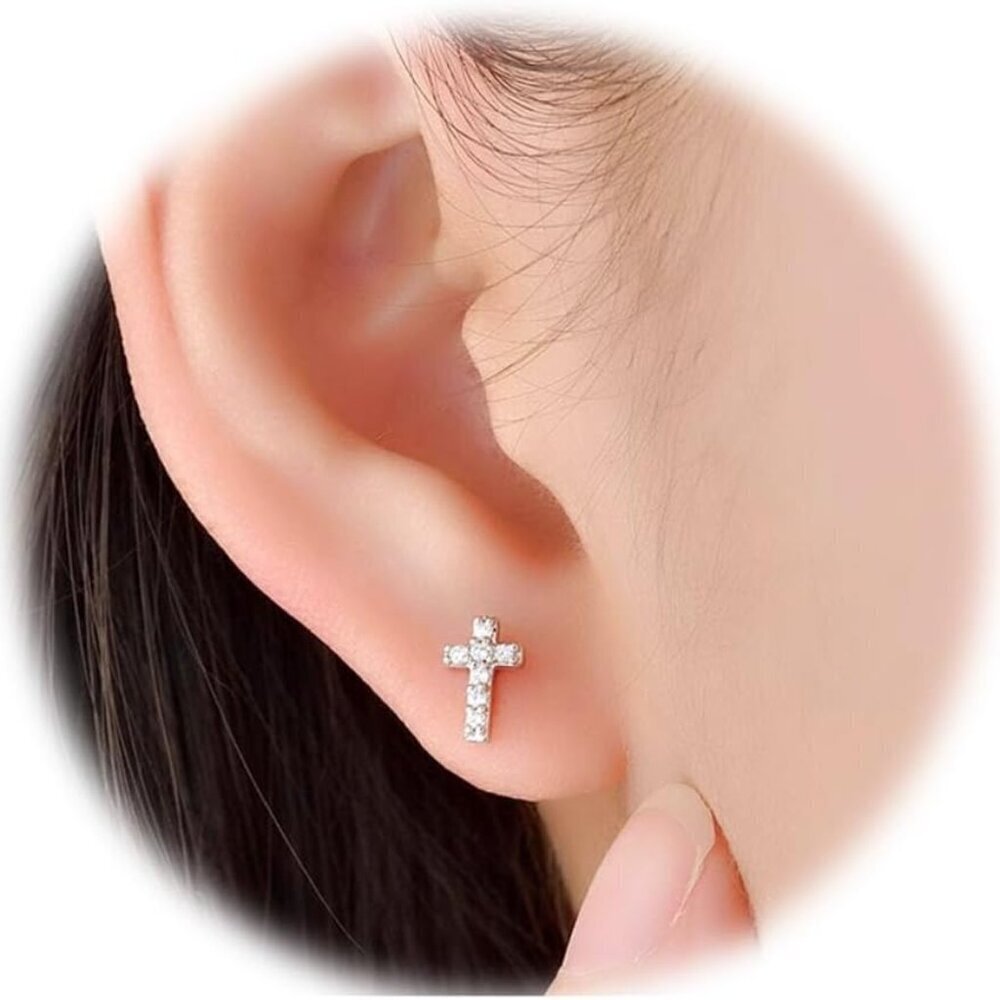14K White Gold Plated Small Cross Earrings Hypoallergenic Cubic Zirconia Jewelry